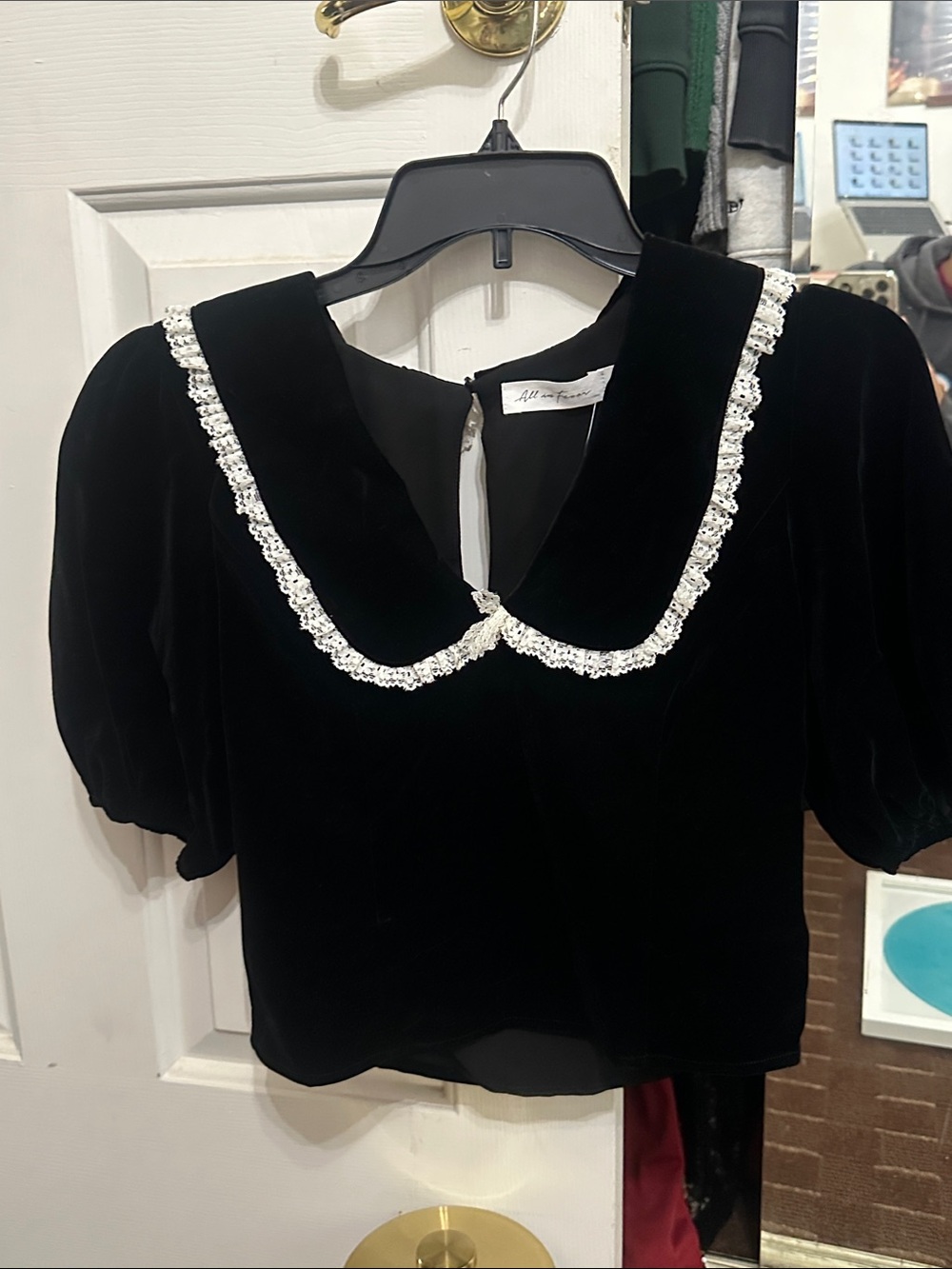 All in Favor Black Velvet Short-Sleeve Top with White Lace Peter Pan Collar